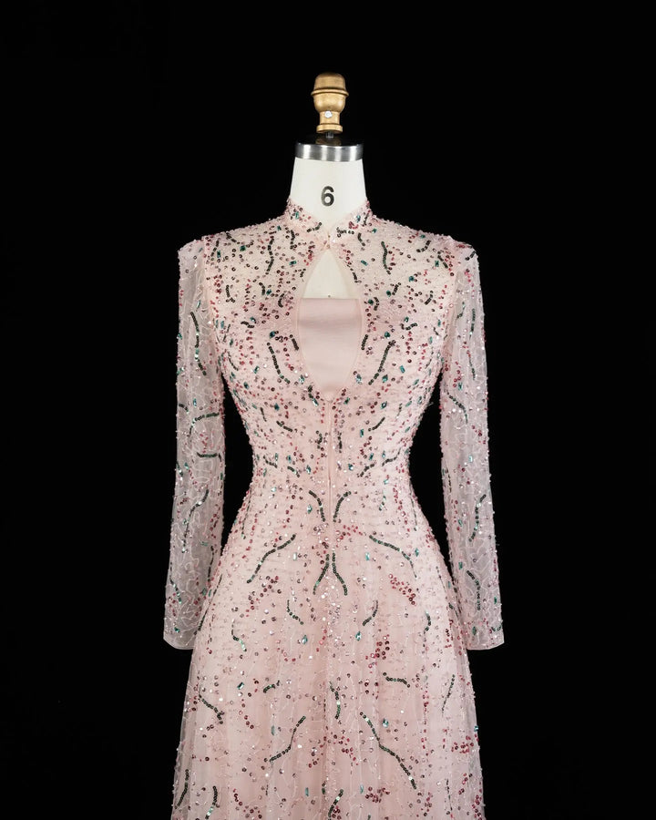 Luxury Gold High Neck Long Sleeve Beaded A-Line Evening Dress  XD020