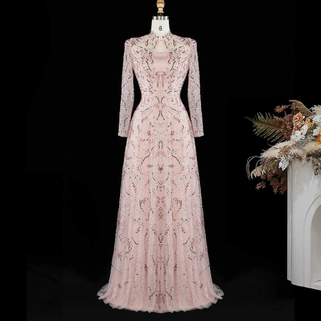 Luxury Gold High Neck Long Sleeve Beaded A-Line Evening Dress  XD020