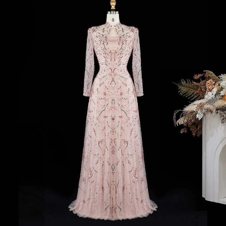 Luxury Gold High Neck Long Sleeve Beaded A-Line Evening Dress  XD020