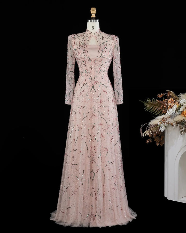 Luxury Gold High Neck Long Sleeve Beaded A-Line Evening Dress  XD020