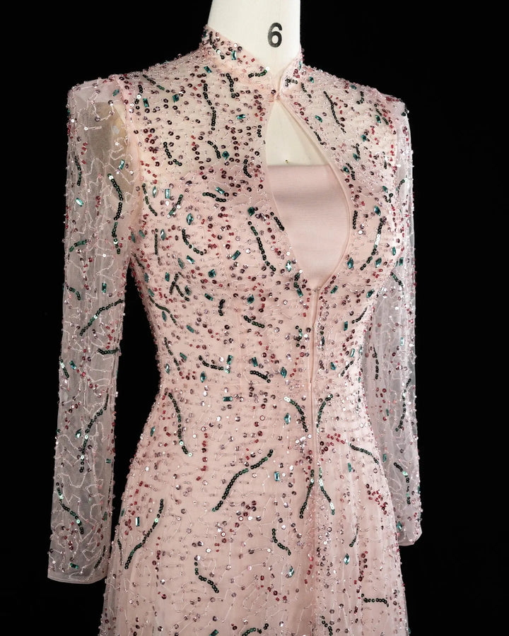 Luxury Gold High Neck Long Sleeve Beaded A-Line Evening Dress  XD020