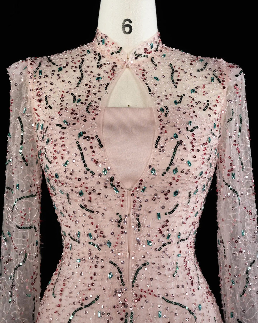 Luxury Gold High Neck Long Sleeve Beaded A-Line Evening Dress  XD020
