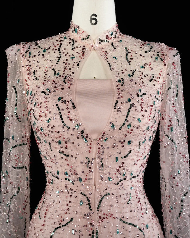 Luxury Gold High Neck Long Sleeve Beaded A-Line Evening Dress  XD020