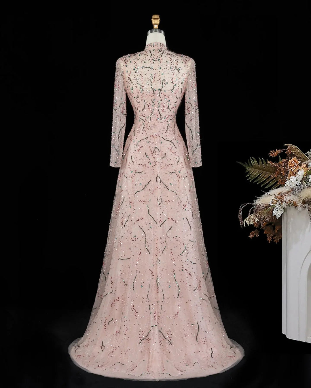 Luxury Gold High Neck Long Sleeve Beaded A-Line Evening Dress  XD020