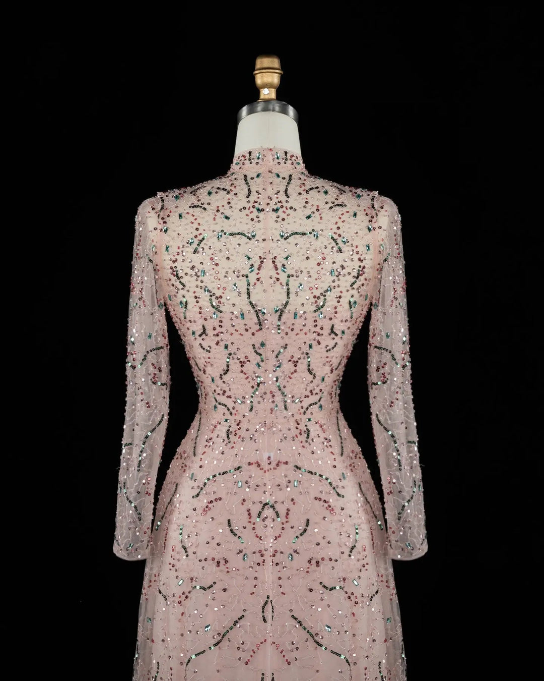 Luxury Gold High Neck Long Sleeve Beaded A-Line Evening Dress  XD020