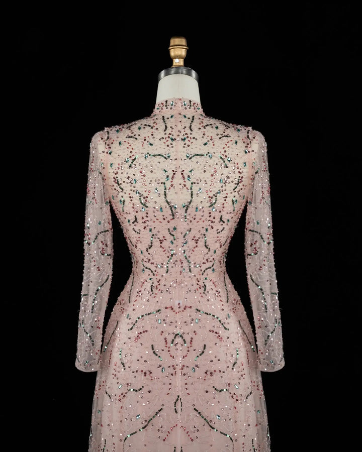 Luxury Gold High Neck Long Sleeve Beaded A-Line Evening Dress  XD020