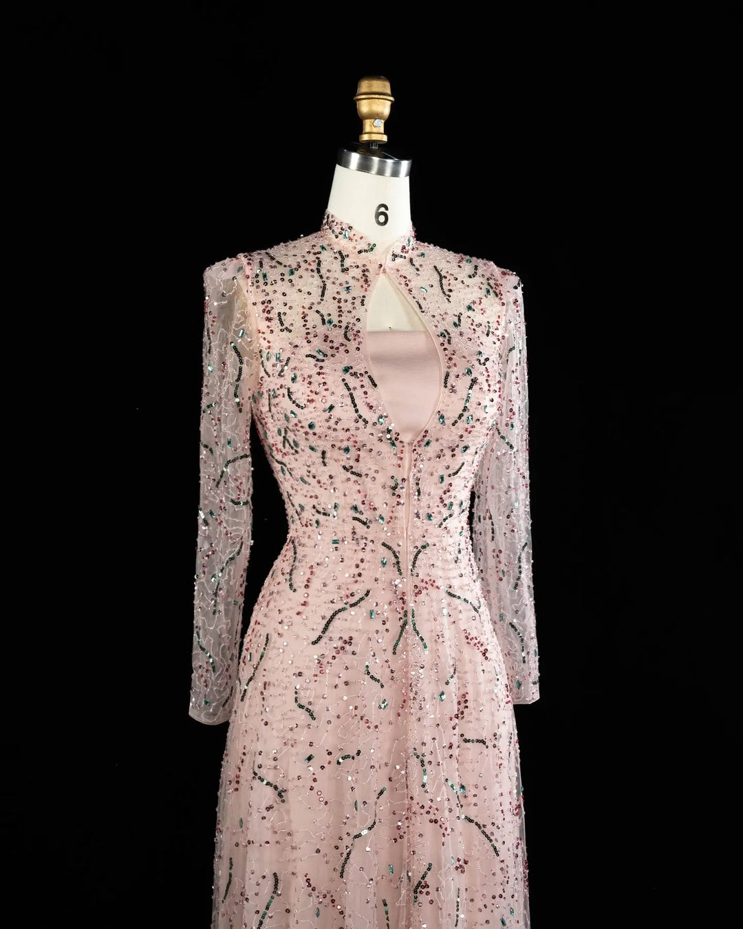 Luxury Gold High Neck Long Sleeve Beaded A-Line Evening Dress  XD020