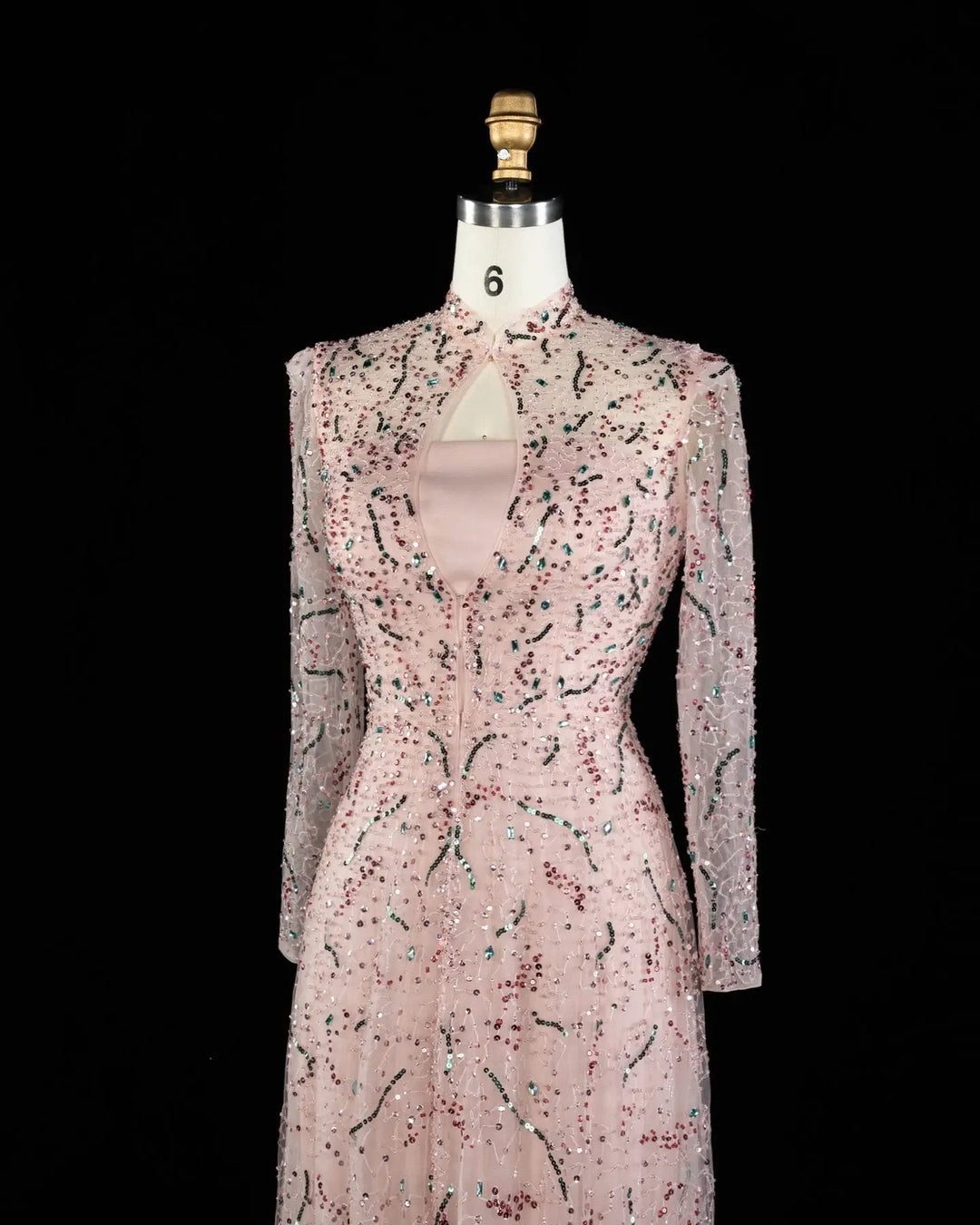 Luxury Gold High Neck Long Sleeve Beaded A-Line Evening Dress  XD020