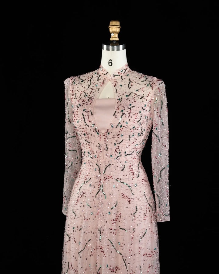 Luxury Gold High Neck Long Sleeve Beaded A-Line Evening Dress  XD020