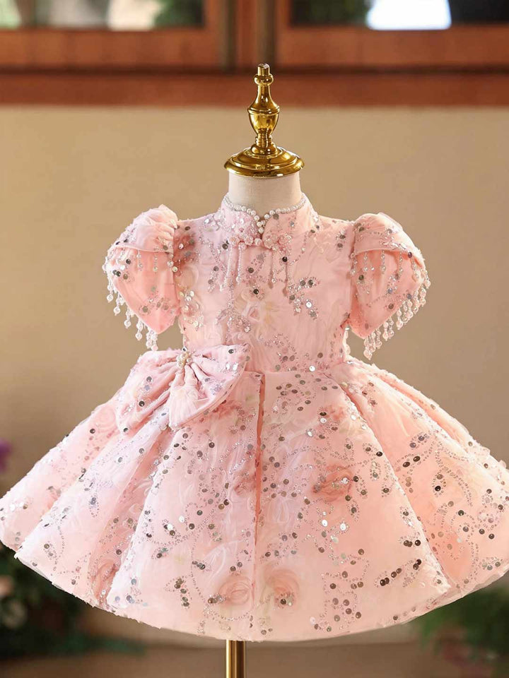 Pink Floral Sequin Beaded Puff Sleeve Girls Birthday Dress D605