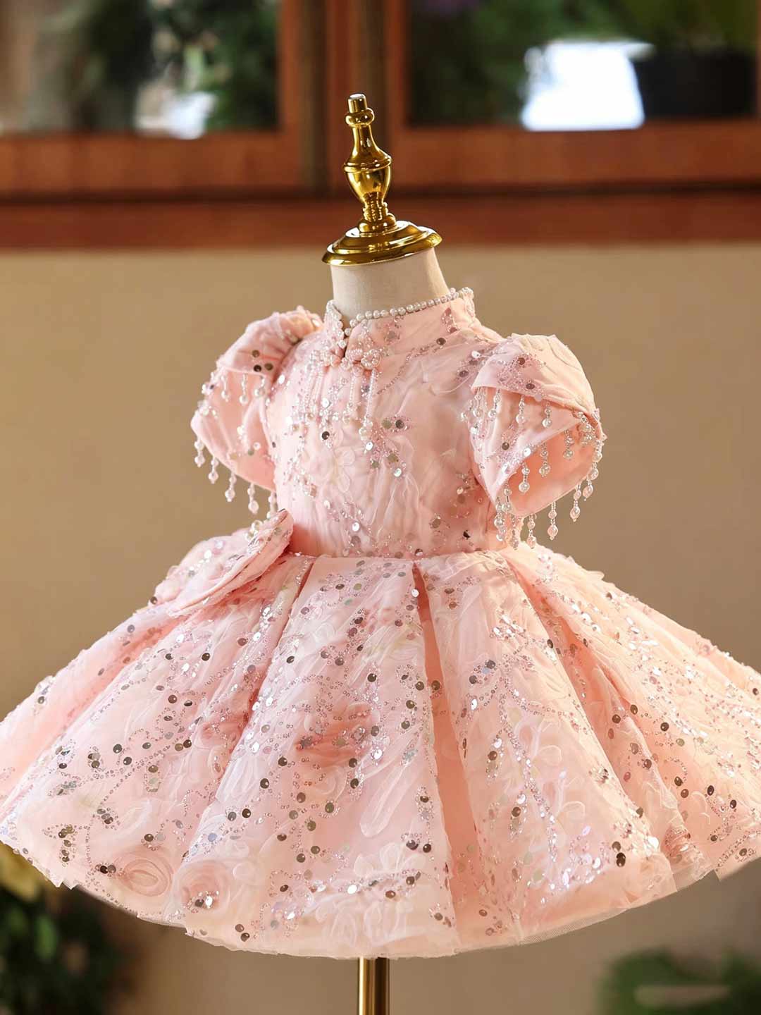 Pink Floral Sequin Beaded Puff Sleeve Girls Birthday Dress D605