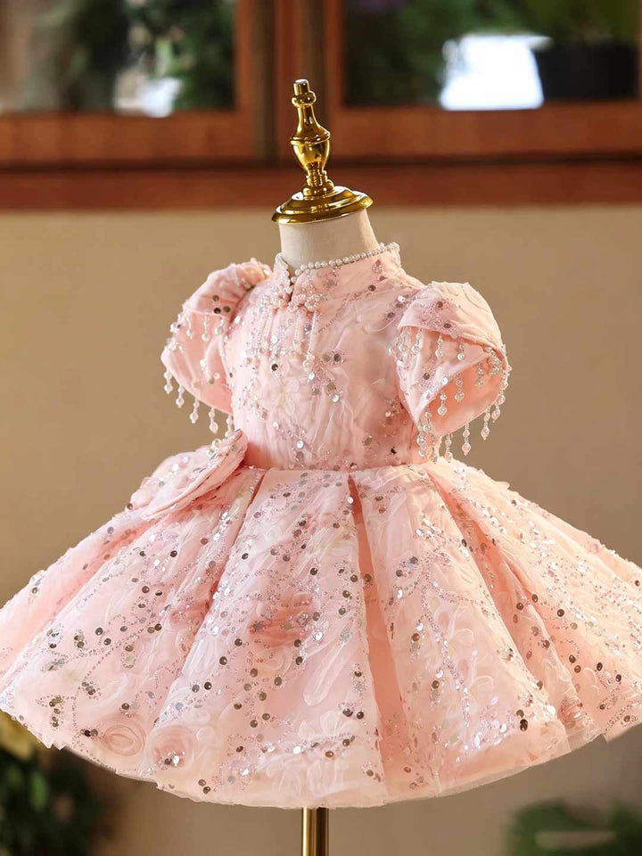 Pink Floral Sequin Beaded Puff Sleeve Girls Birthday Dress D605