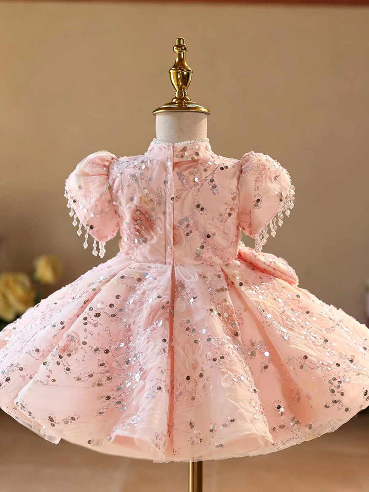 Pink Floral Sequin Beaded Puff Sleeve Girls Birthday Dress D605