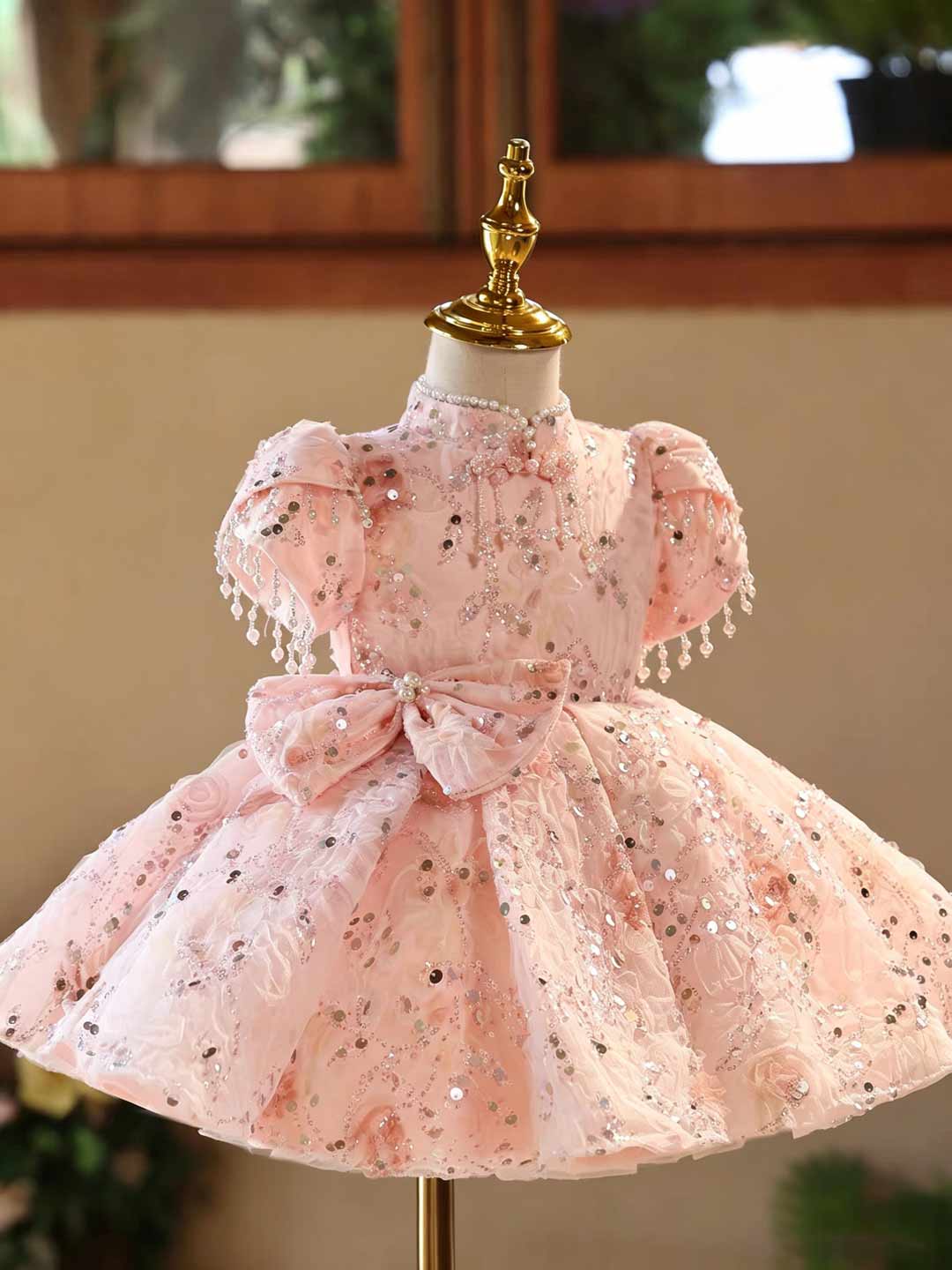 Pink Floral Sequin Beaded Puff Sleeve Girls Birthday Dress D605