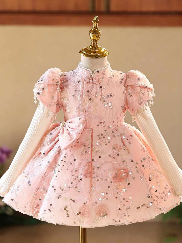 Pink Floral Sequin Beaded Puff Sleeve Girls Birthday Dress D605