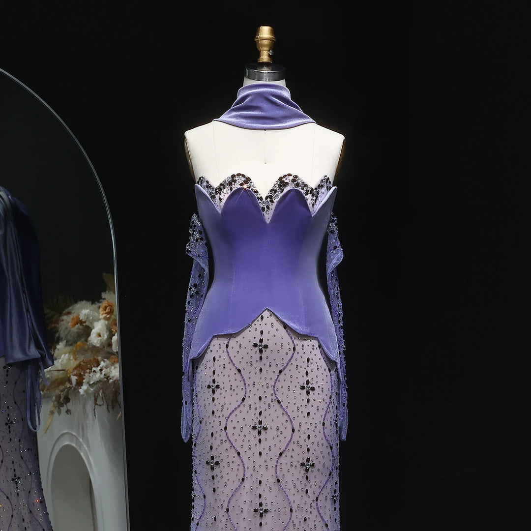Luxury Two Pieces Purple Velvet Mermaid Evening Dress SS269