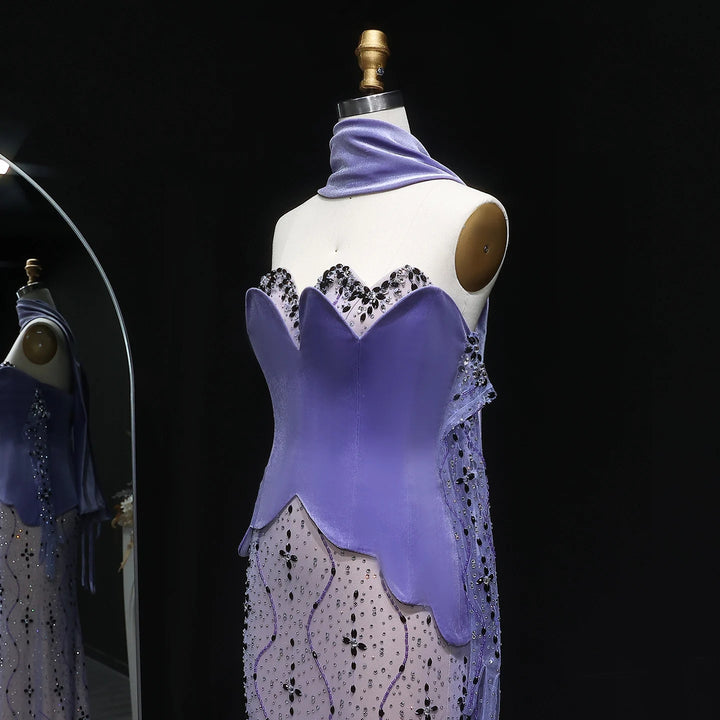 Luxury Two Pieces Purple Velvet Mermaid Evening Dress SS269