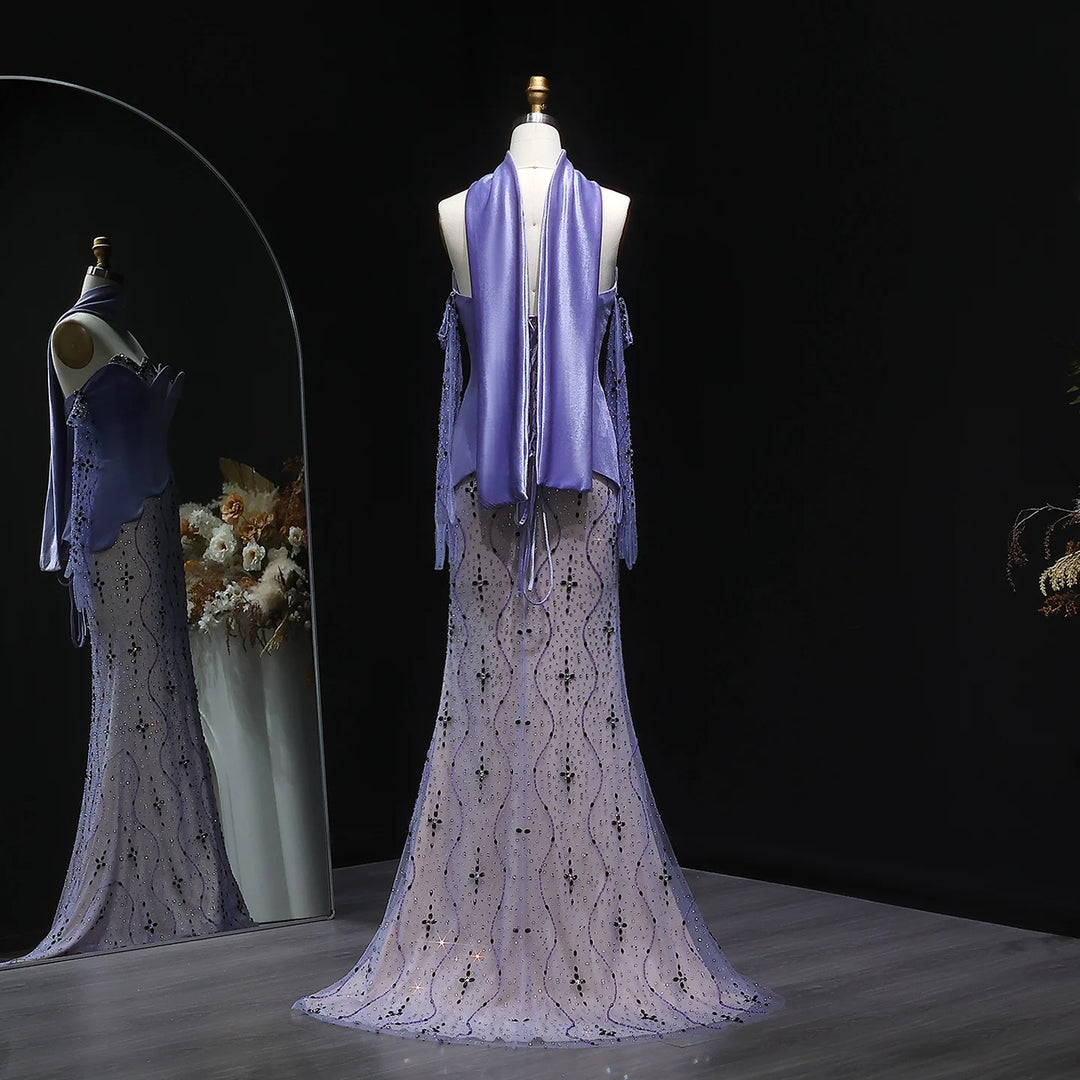 Luxury Two Pieces Purple Velvet Mermaid Evening Dress SS269