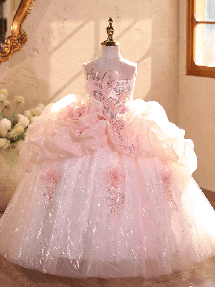 Luxury Pink Flower Girl Dress with 3D Floral Appliqués Sparkly Tulle J611