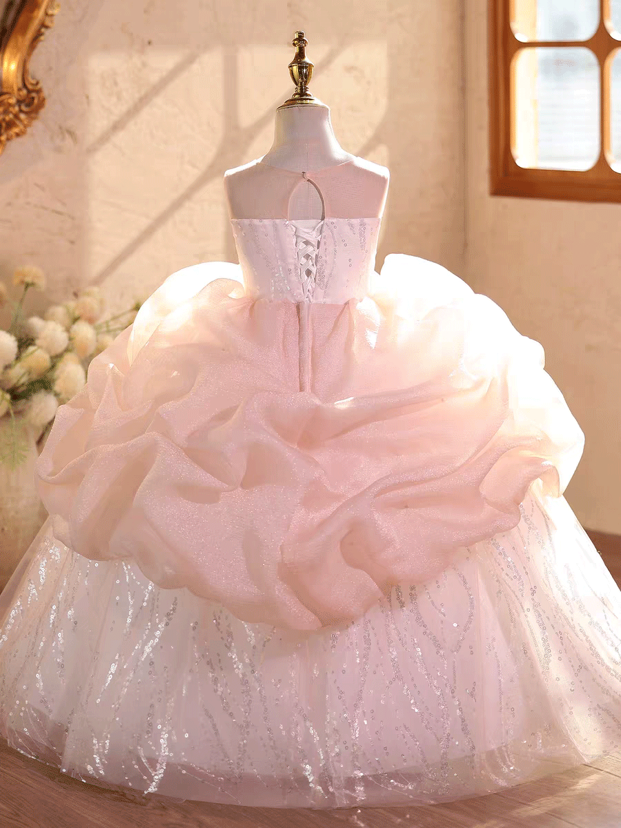 Luxury Pink Flower Girl Dress with 3D Floral Appliqués Sparkly Tulle J611