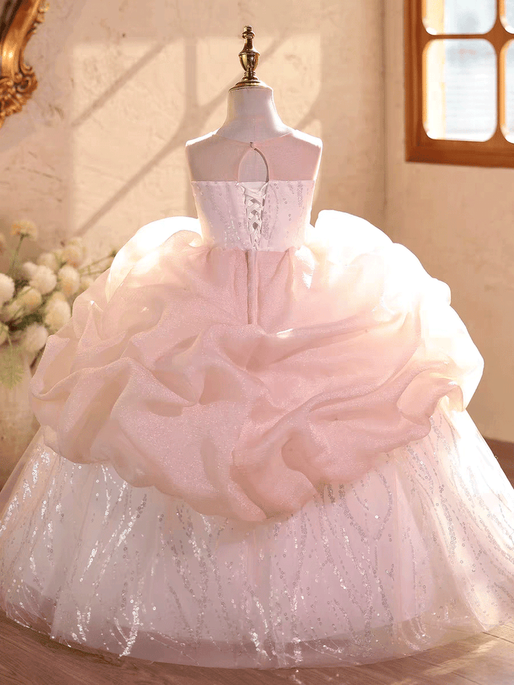 Luxury Pink Flower Girl Dress with 3D Floral Appliqués Sparkly Tulle J611