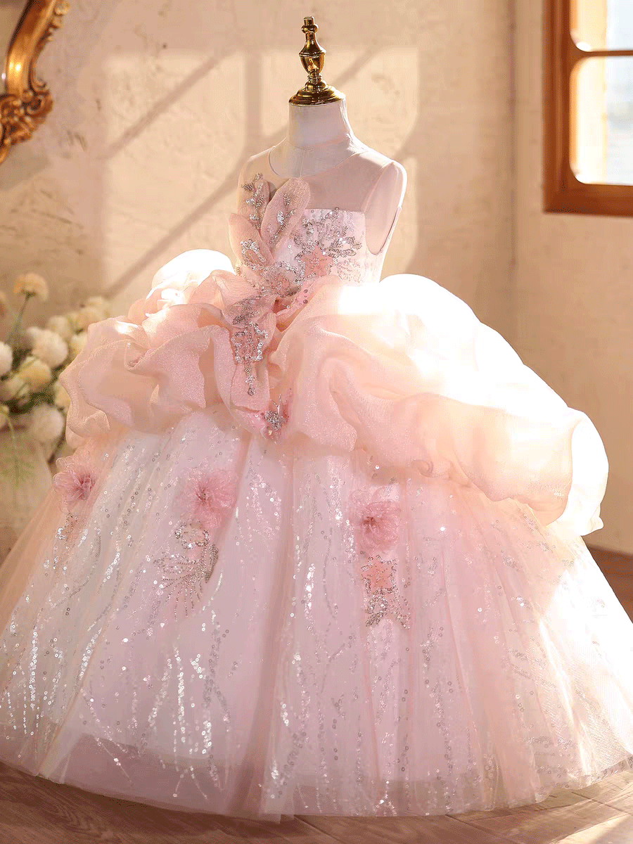 Luxury Pink Flower Girl Dress with 3D Floral Appliqués Sparkly Tulle J611
