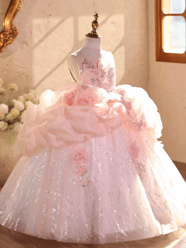 Luxury Pink Flower Girl Dress with 3D Floral Appliqués Sparkly Tulle J611