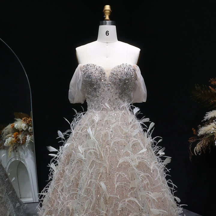 Elegant Peach Sequin Feather Ball Gown Princess Evening Dress SS724