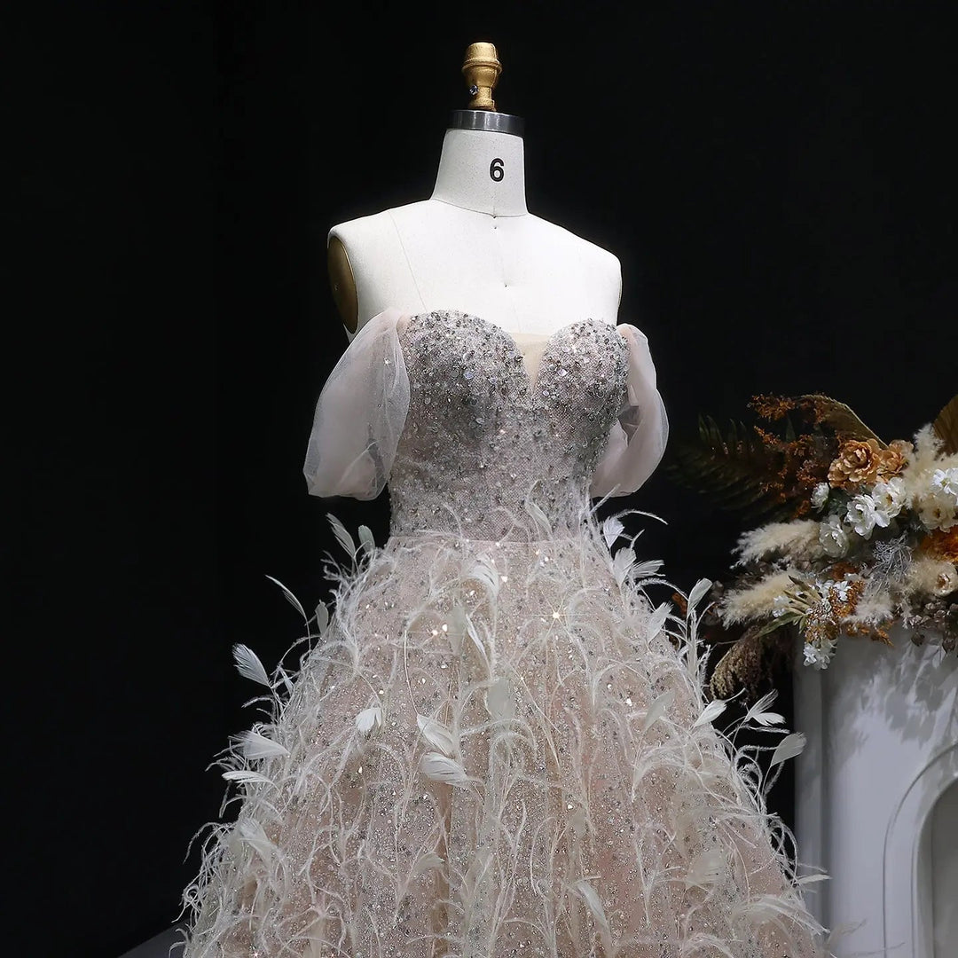 Elegant Peach Sequin Feather Ball Gown Princess Evening Dress SS724