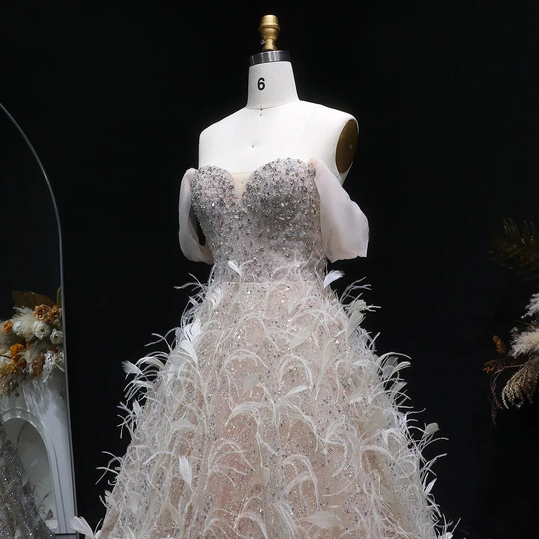 Elegant Peach Sequin Feather Ball Gown Princess Evening Dress SS724