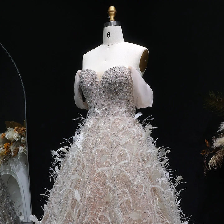 Elegant Peach Sequin Feather Ball Gown Princess Evening Dress SS724