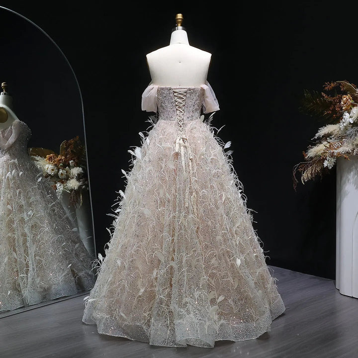 Elegant Peach Sequin Feather Ball Gown Princess Evening Dress SS724
