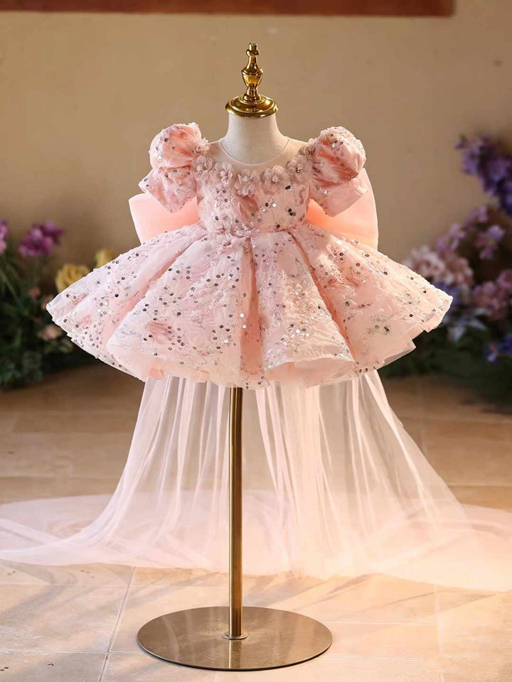 Pink Sequin Floral Puff Sleeve Girls Special Occasion Dress J524