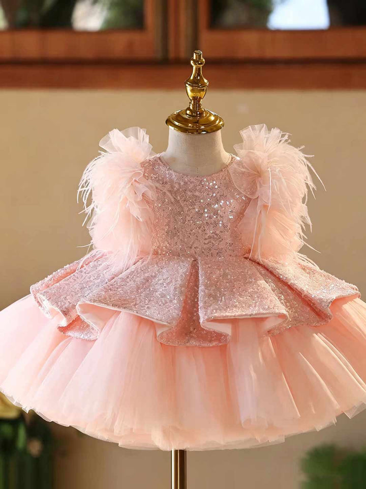 Pink Sequin Feather Trim Peplum Tulle Girls Party Dress D604