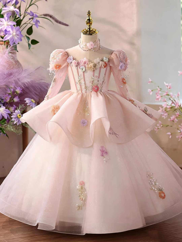 Pink Long Sleeve 3D Floral Peplum Girls Princess Dress D376