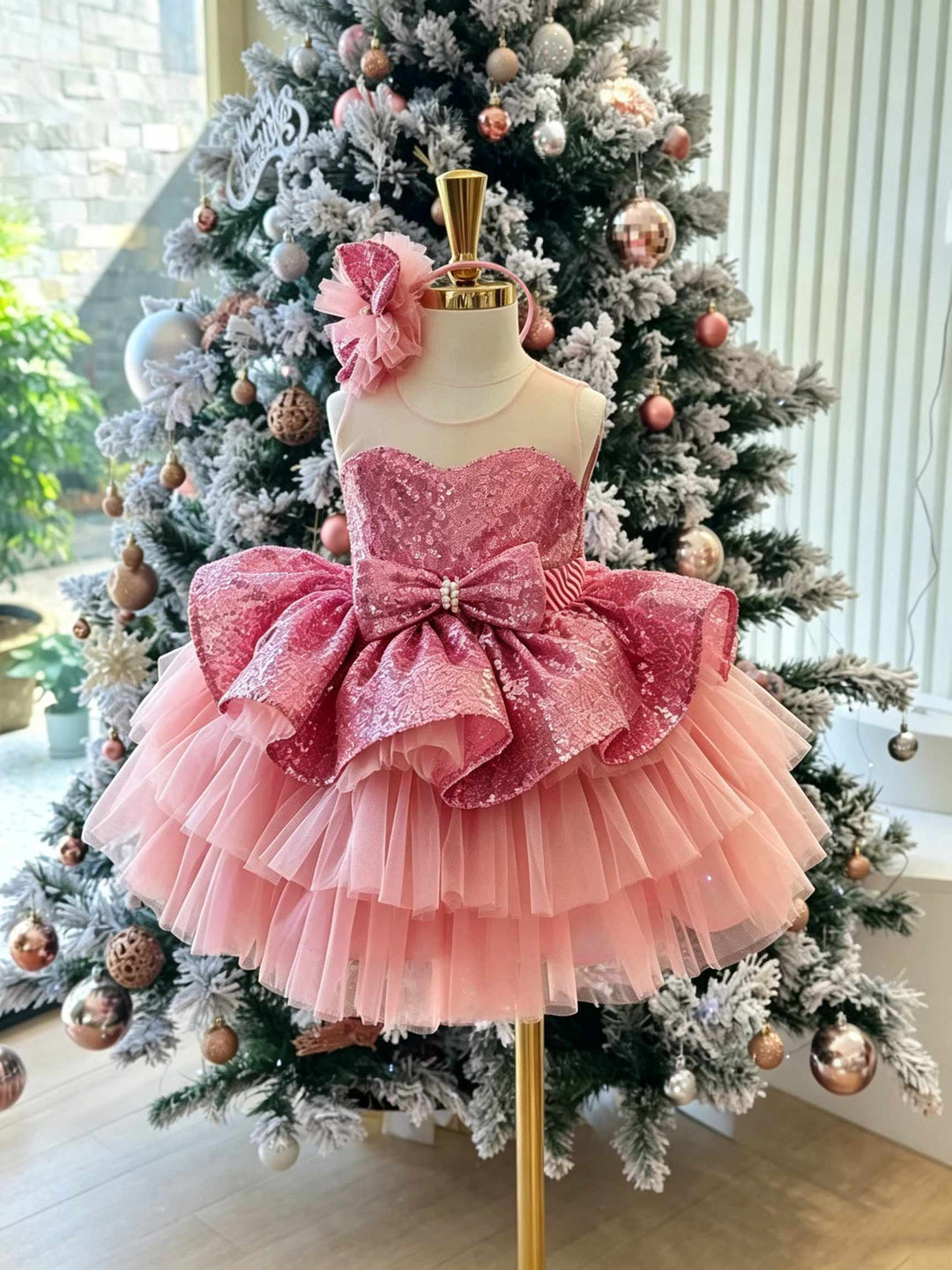 Pink Sequin Floral Bow Short Flower Girl Dress D001