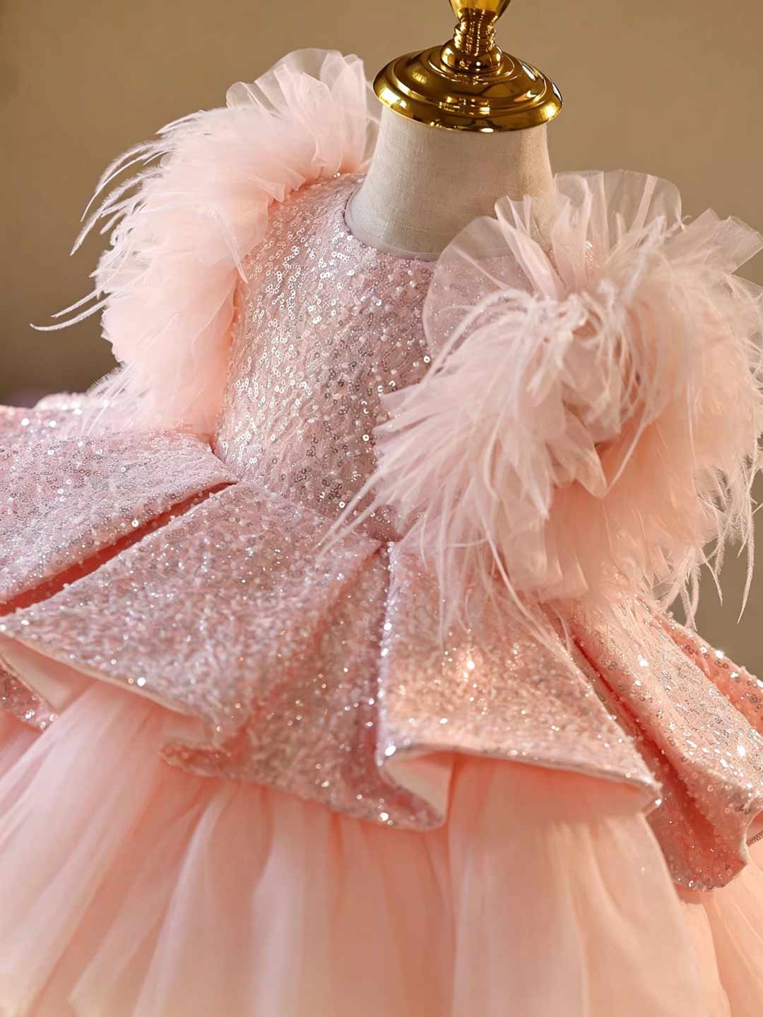 Pink Sequin Feather Trim Peplum Tulle Girls Party Dress D604