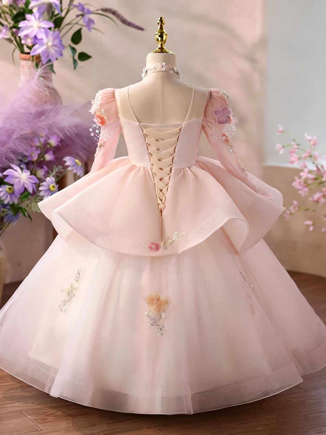 Pink Long Sleeve 3D Floral Peplum Girls Princess Dress D376