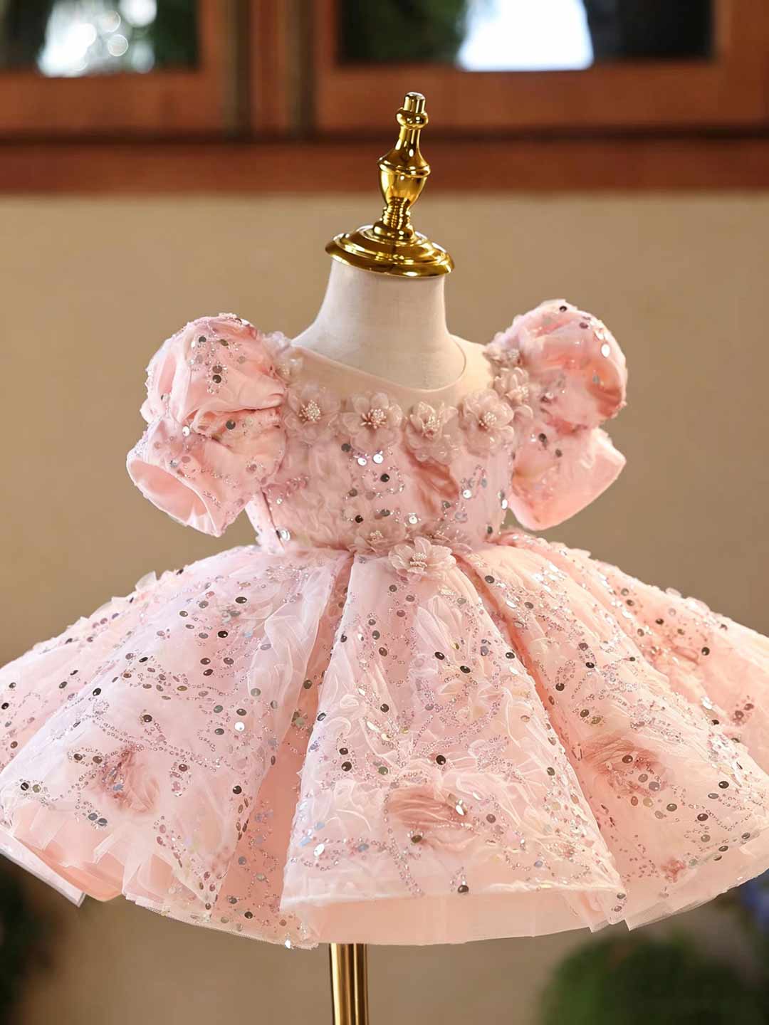 Pink Sequin Floral Puff Sleeve Girls Special Occasion Dress J524