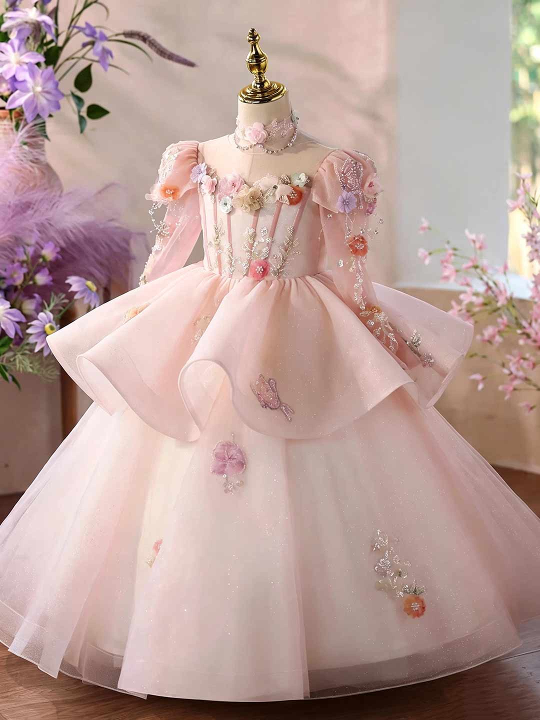 Pink Long Sleeve 3D Floral Peplum Girls Princess Dress D376