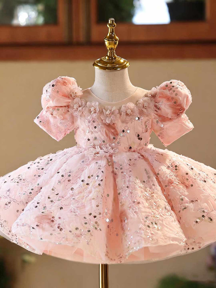 Pink Sequin Floral Puff Sleeve Girls Special Occasion Dress J524