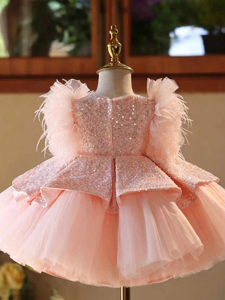 Pink Sequin Feather Trim Peplum Tulle Girls Party Dress D604
