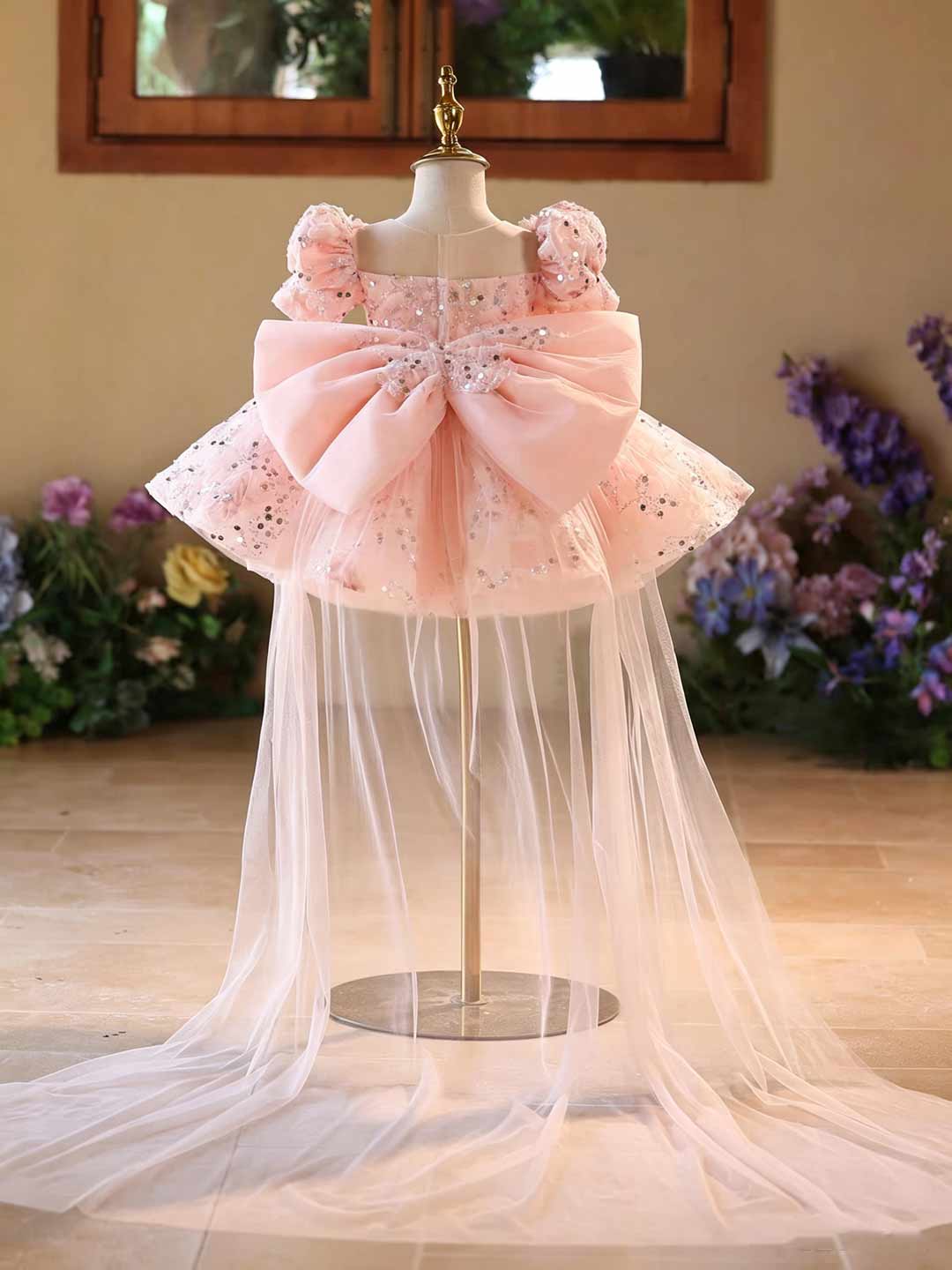 Pink Sequin Floral Puff Sleeve Girls Special Occasion Dress J524