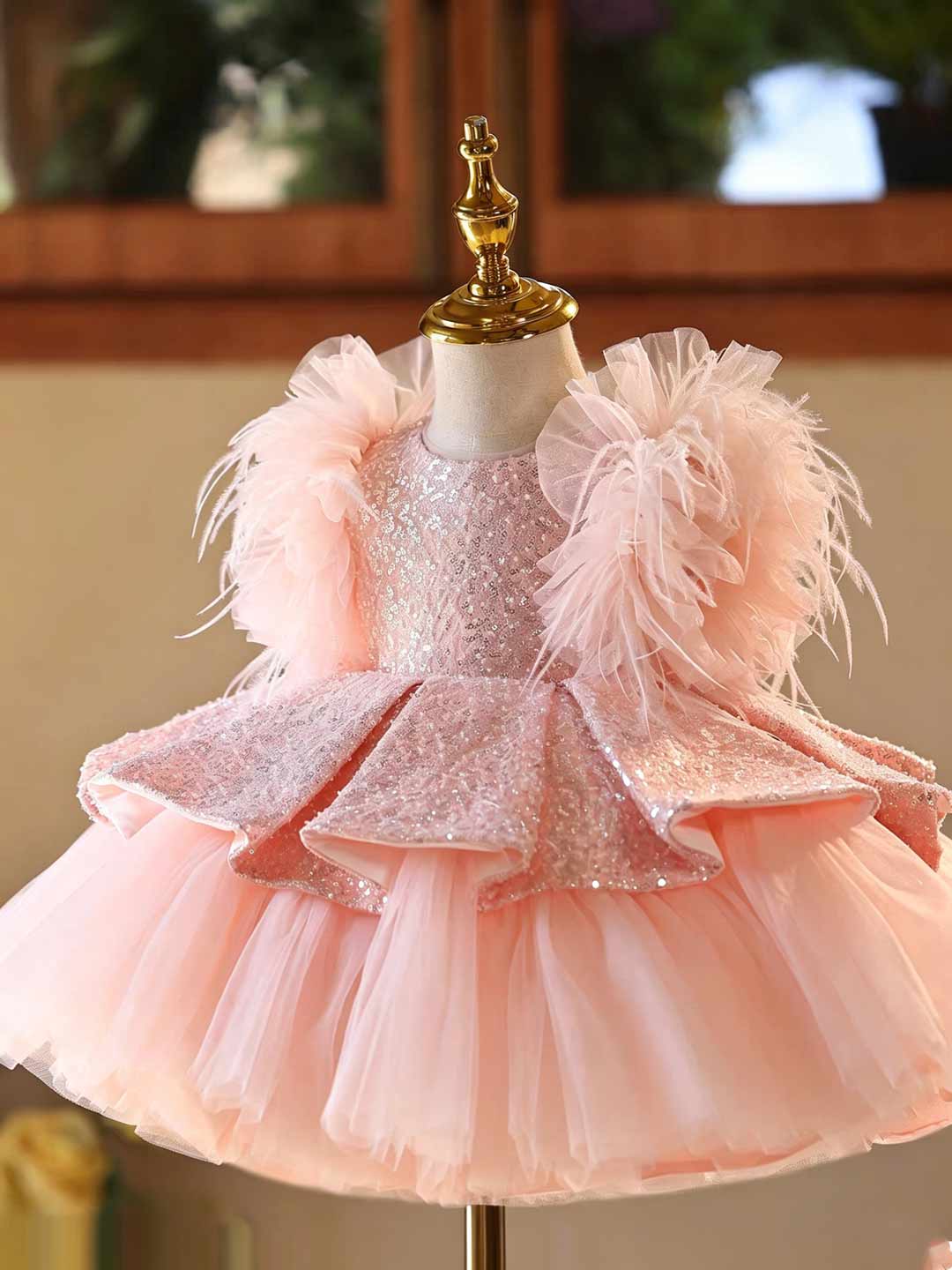 Pink Sequin Feather Trim Peplum Tulle Girls Party Dress D604