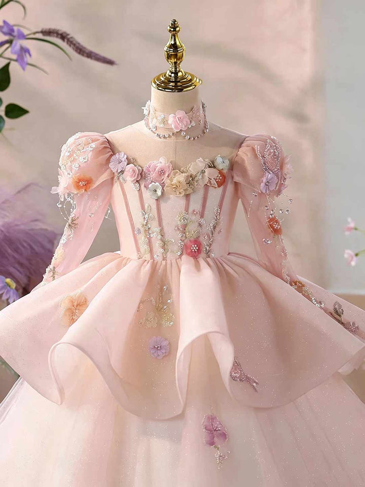 Pink Long Sleeve 3D Floral Peplum Girls Princess Dress D376