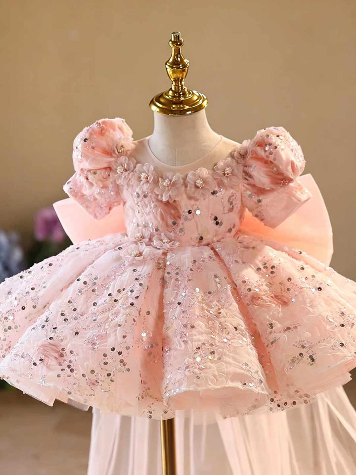 Pink Sequin Floral Puff Sleeve Girls Special Occasion Dress J524