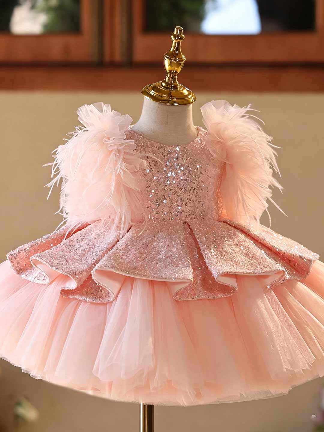 Pink Sequin Feather Trim Peplum Tulle Girls Party Dress D604