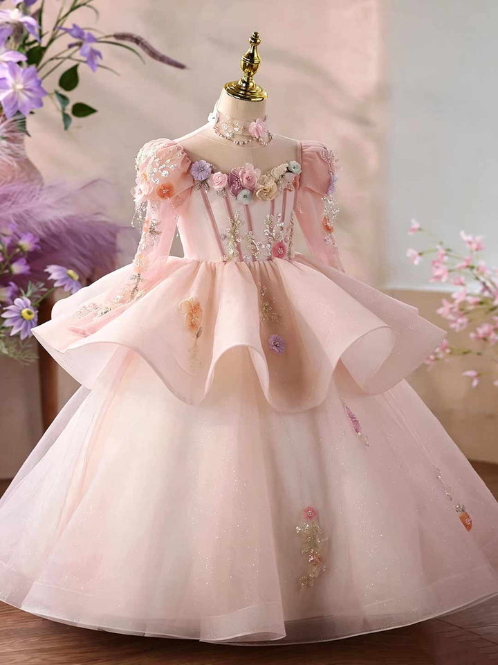 Pink Long Sleeve 3D Floral Peplum Girls Princess Dress D376