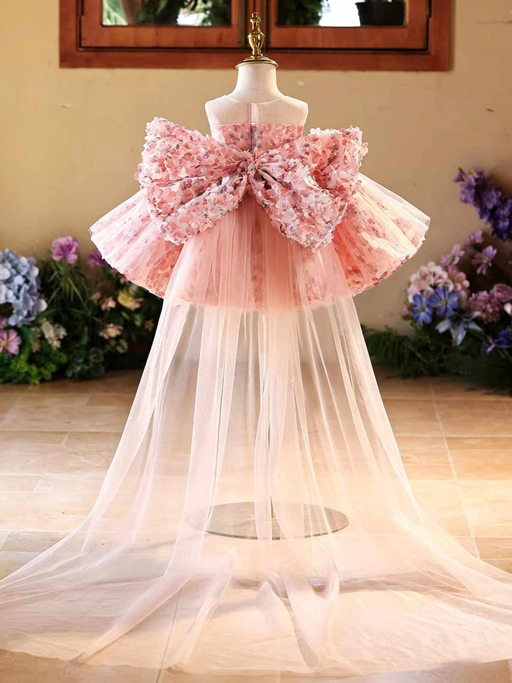 Pink 3D Floral Pearl Off-Shoulder Girls Ceremony Dress J525