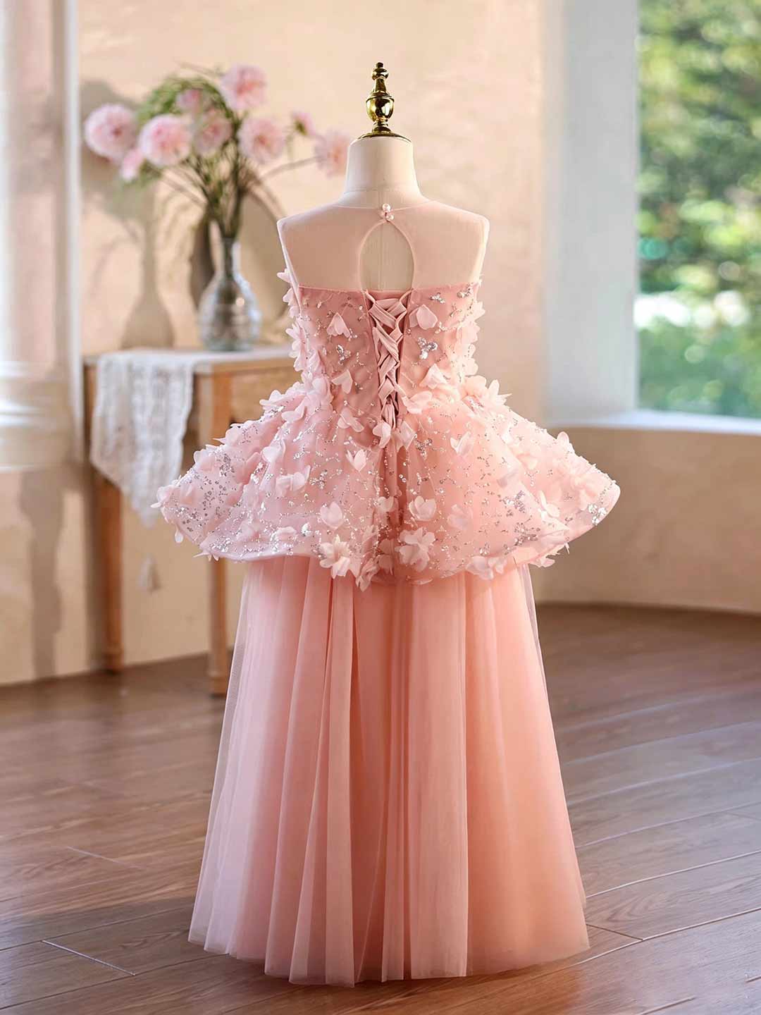 Pink 3D Floral Sequin Peplum Girls Formal Dress J625